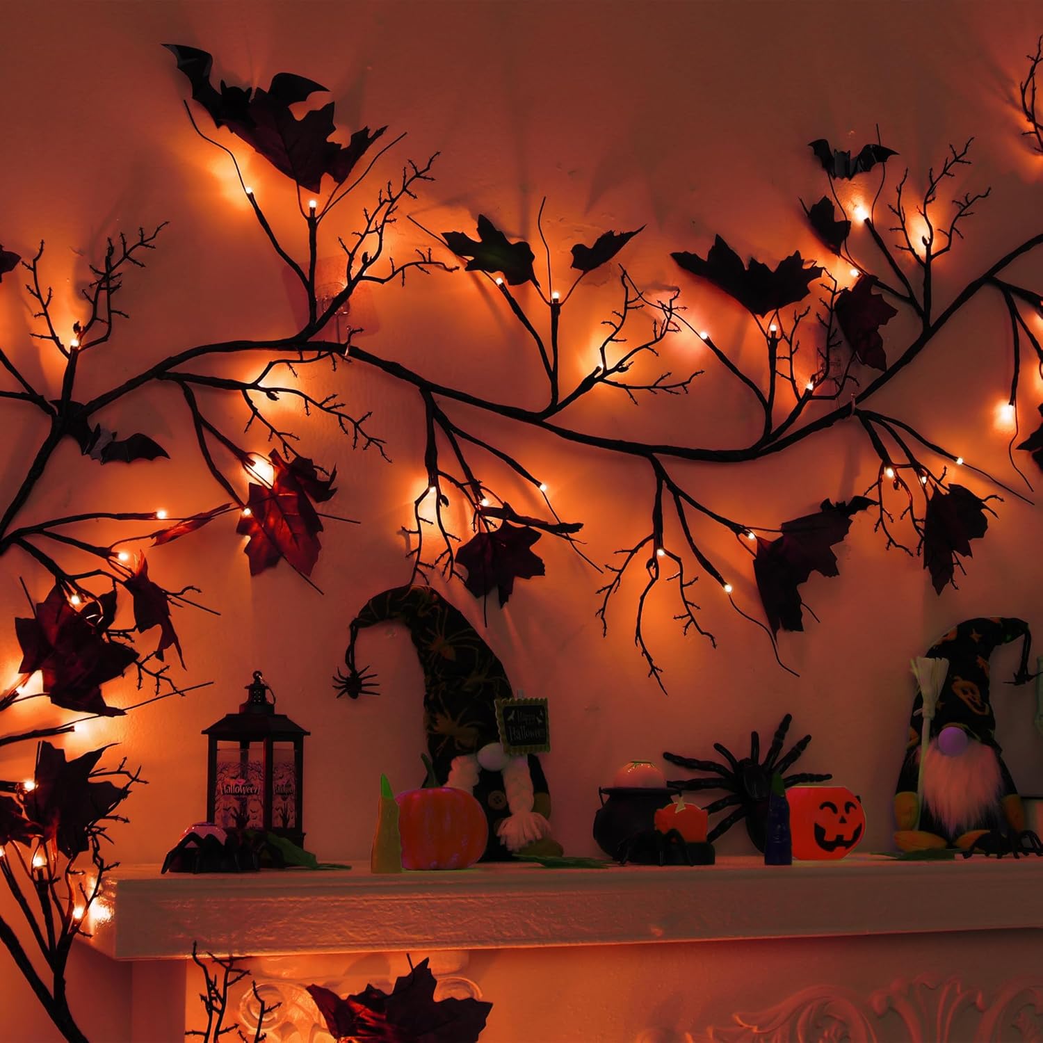 9 FT 72 LED Willow Vine Twig Decor Black Halloween Garland with Orange Lights, 8 Modes & Timer Waterproof Battery Operated for Home Fireplace Mantle Wall Office Indoor Halloween Decorations Party